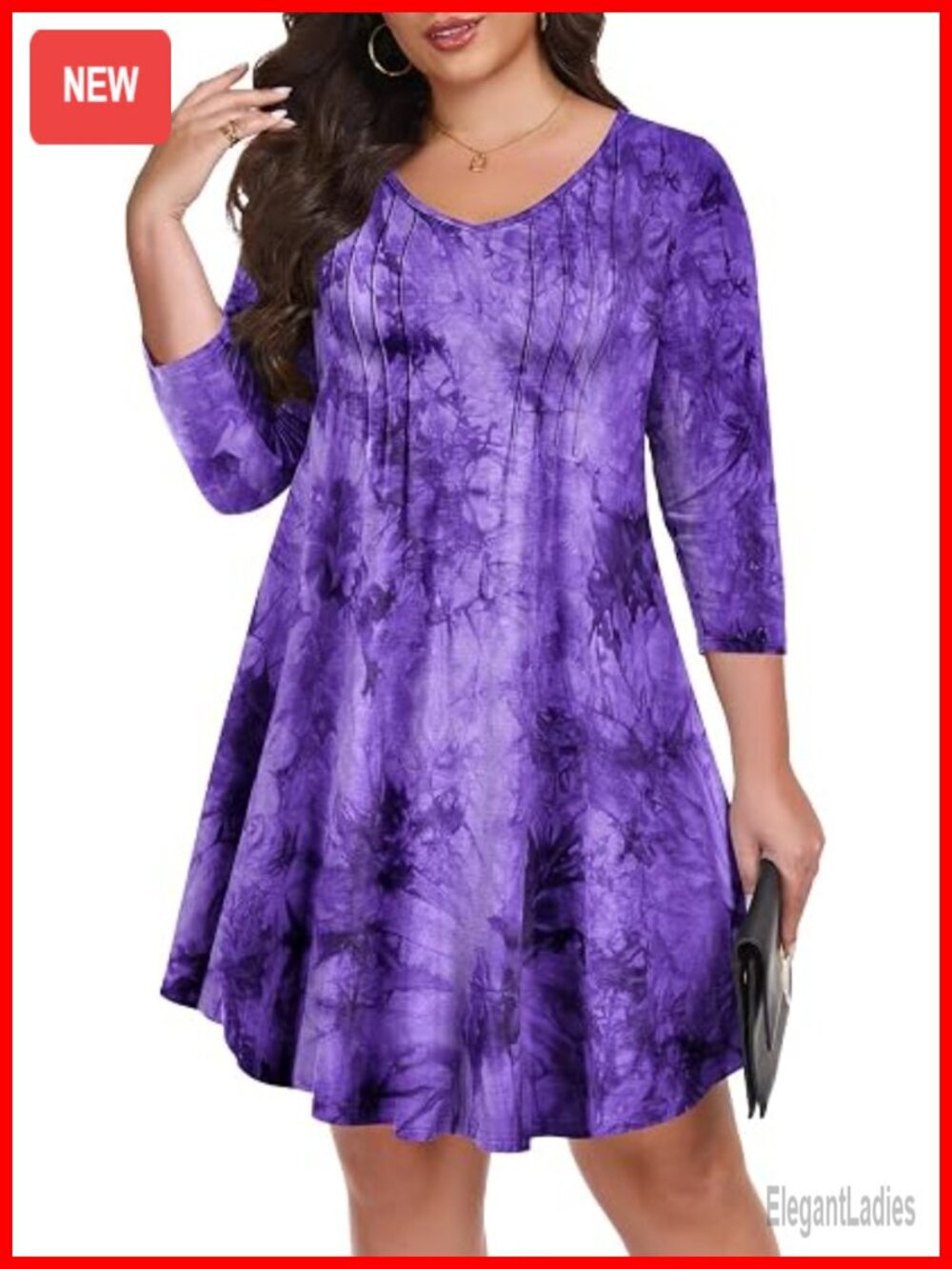 Plus Size V Neck 3/4 Sleeve Pleated Midi Dress A-Line Swing Dress with Pockets